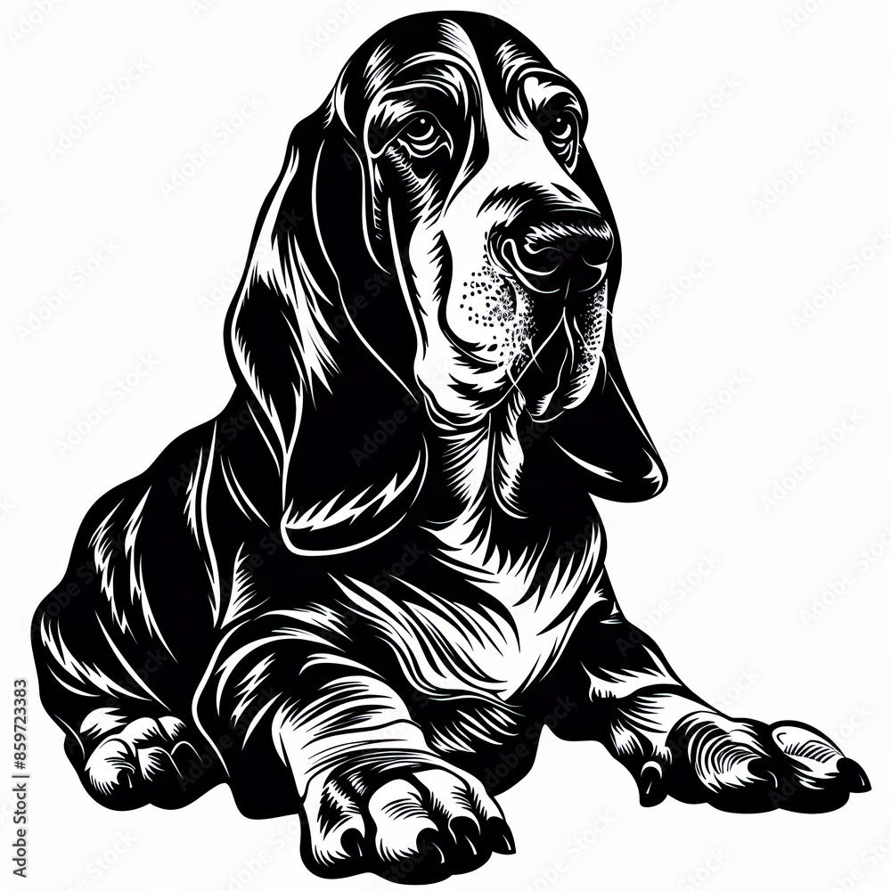 A black and white drawing of a Basset Hound dog A black and white drawing of a Basset Hound dog
