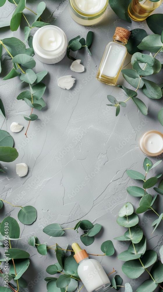 Frame of organic cosmetic products and eucalyptus leaves. Top view hand cream, essential oil and lotion. Natural cosmetic, hand skin care concept. Banner mockup for beauty salon Frame of organic cosmetic products and eucalyptus leaves. Top view hand cream, essential oil and lotion. Natural cosmetic, hand skin care concept. Banner mockup for beauty salon