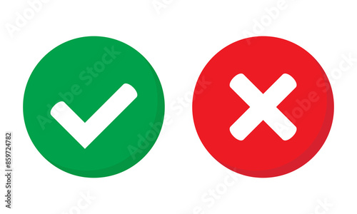 Right or wrong icons. Green tick and red cross checkmarks. Yes or no symbol, approved or rejected icon for user interface.
