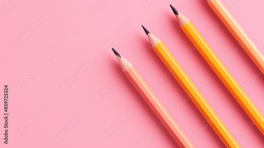 Four pencils in different lengths arranged diagonally going up on a pink background school theme Four pencils in different lengths arranged diagonally going up on a pink background school theme