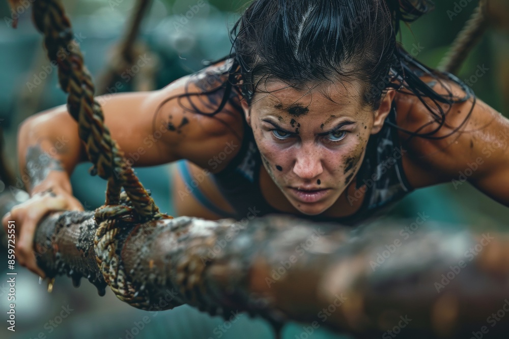 Obraz premium A razor-sharp photo capturing a determined woman navigating through an OCR (Obstacle Course Racing)