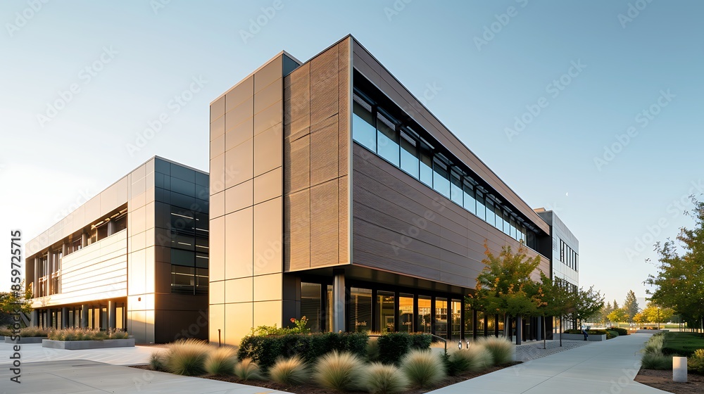 energy-efficient office building using fiber cement siding in a staggered pattern to enhance its modern aesthetic under a clear sky energy-efficient office building using fiber cement siding in a staggered pattern to enhance its modern aesthetic under a clear sky