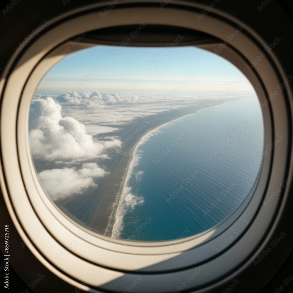 From the airplane window one can see clouds and water stretching beyond the horizon. From the airplane window one can see clouds and water stretching beyond the horizon.