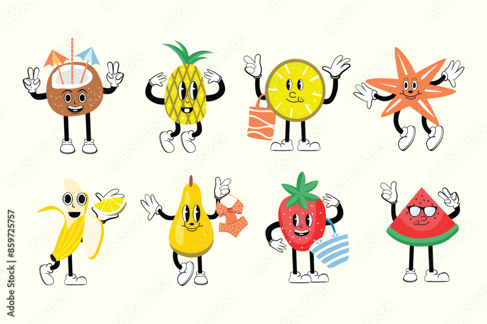 Fototapeta premium Set of cartoon characters fruits. Summer fruits