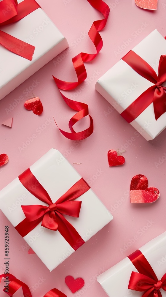 Gift boxes wrapped white paper with red ribbon bow and Valentines hearts on pink background. Flat lay, top view. Banner or greeting card mockup for Valentine's or Mother's Day. Gift boxes wrapped white paper with red ribbon bow and Valentines hearts on pink background. Flat lay, top view. Banner or greeting card mockup for Valentine's or Mother's Day.