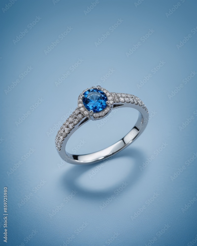 White metal ring with a blue stone, studded with diamonds White metal ring with a blue stone, studded with diamonds