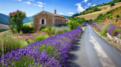 Rolling hillside road bordered by lavender fields and wild roses, leading to a picturesque stone cottage.