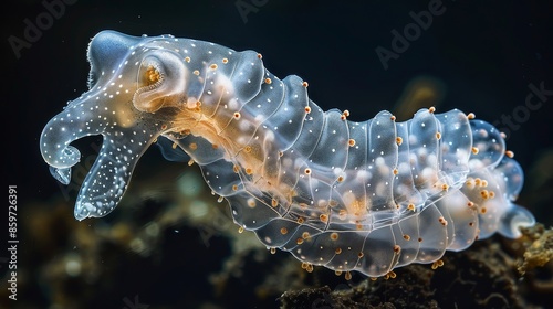 A stunning close-up of a transparent sea creature, possibly a larval stage of some marine animal, in its underwater environment