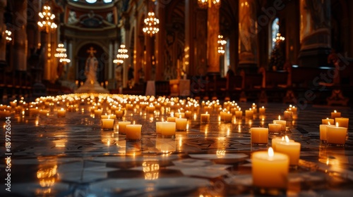 Rows of small candles create a bright, reverent atmosphere within the striking surroundings of the church's interior © Oskar
