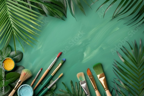 A razor-sharp photo capturing a flat lay arrangement brushes, acrylic paints, and a canvas designed