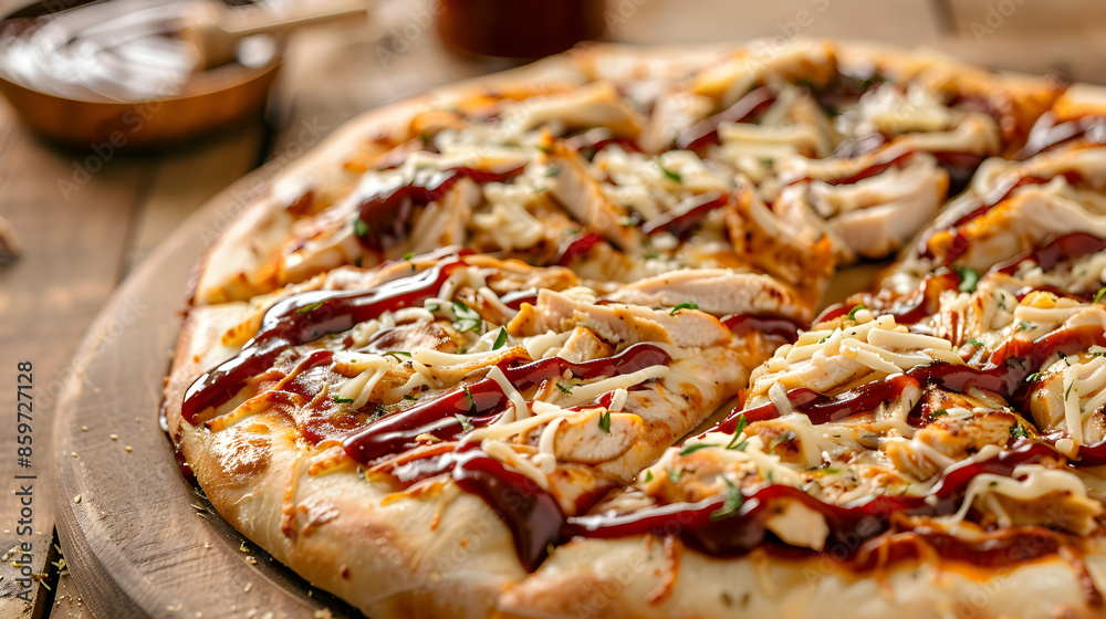 A mouthwatering fast food BBQ chicken pizza topped with grilled chicken, BBQ sauce, and melted cheese A mouthwatering fast food BBQ chicken pizza topped with grilled chicken, BBQ sauce, and melted cheese