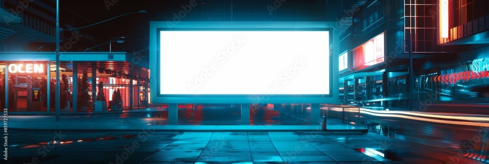 Futuristic public area signboard: neon touchscreen, doubles blank white billboard Futuristic public area signboard: neon touchscreen, doubles blank white billboard