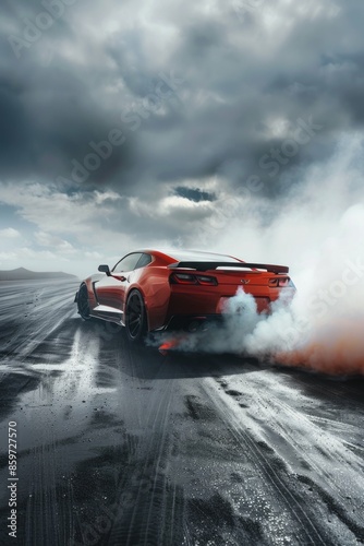 Sports car performing burnout or drifting maneuver racing track, enveloped in...