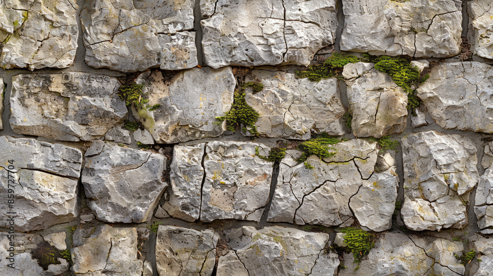 Fototapeta premium Weathered Stone Wall with Moss Growth - Natural Texture and Pattern Background