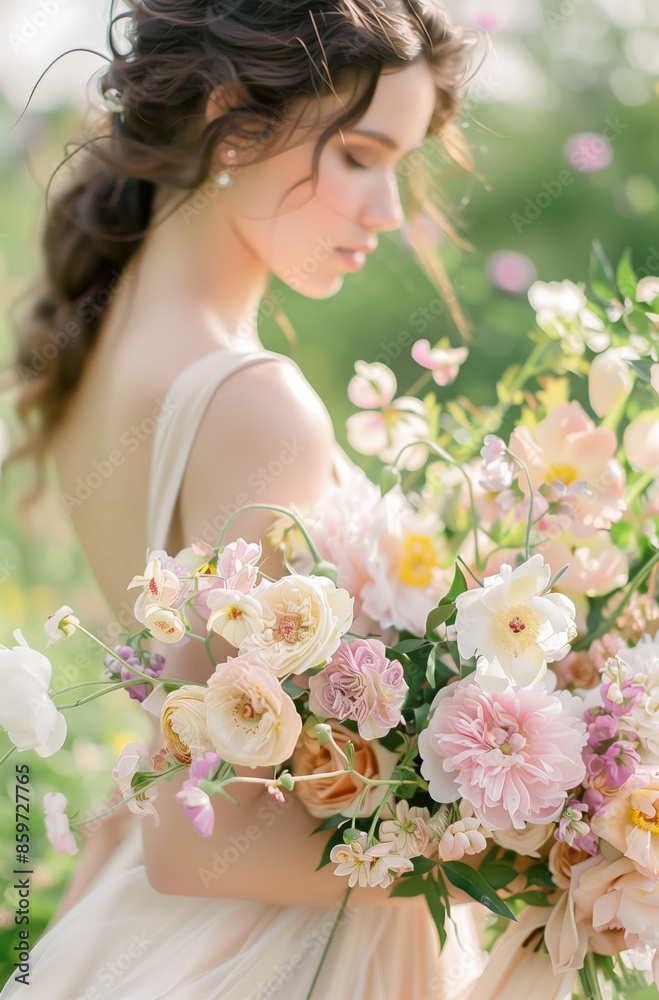Fototapeta premium Beautiful bride in her wedding dress with a luxury bouquet of ranunculus, peonies, chrysanthemums and roses.