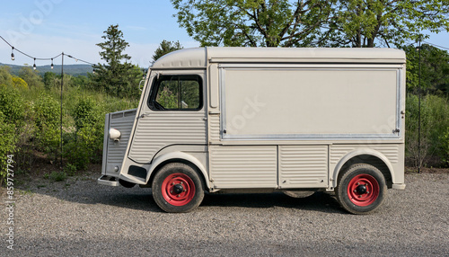 vintage french food truck (small sheet metal van) european car (branding your logo here) antique retro europe cool