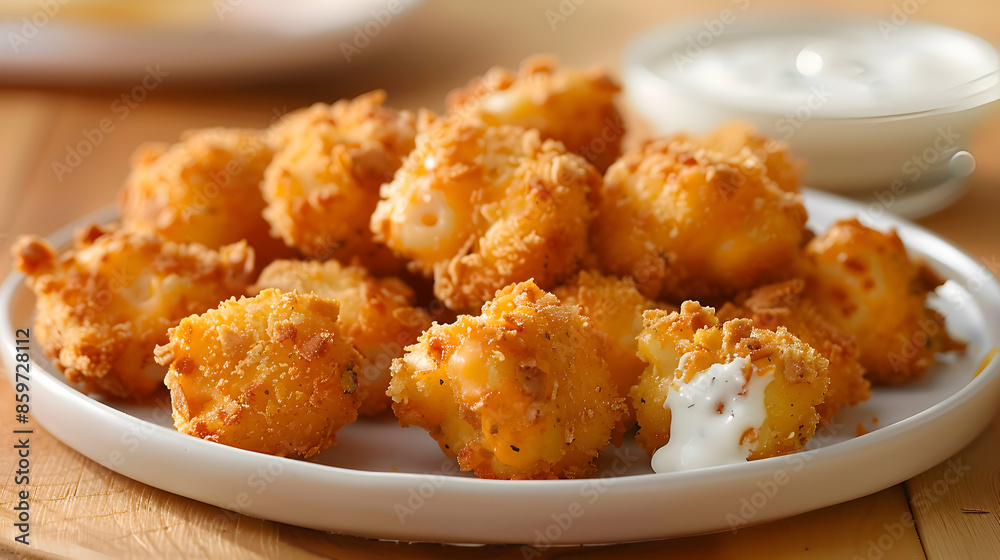 A plate of crispy fast food mac and cheese bites with a side of ranch dressing A plate of crispy fast food mac and cheese bites with a side of ranch dressing