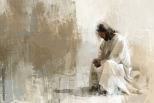 Jesus in Prayer. Christ in humble prayer, rendered in gentle, watercolor tones.
