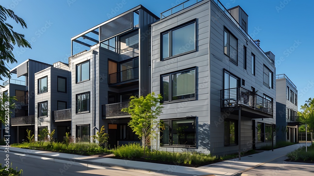 urban revitalization project featuring old industrial buildings converted into modern apartments with sleek, gray fiber cement siding urban revitalization project featuring old industrial buildings converted into modern apartments with sleek, gray fiber cement siding