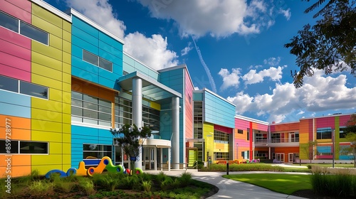 children's hospital designed with cheerful, brightly colored fiber cement siding, creating a welcoming and uplifting environment for young patients and their families photo