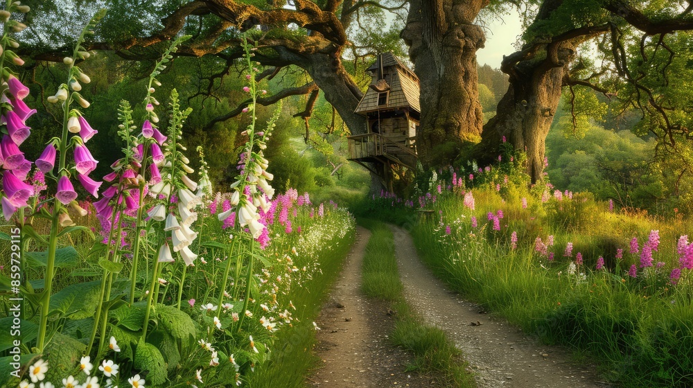 Serene meadow road bordered by foxgloves and daisies, leading to a whimsical treehouse hut hidden among ancient oaks. Serene meadow road bordered by foxgloves and daisies, leading to a whimsical treehouse hut hidden among ancient oaks.