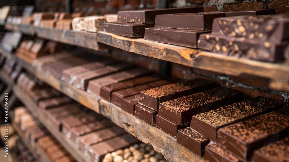 Wooden shelves hold various chocolate bars. Some are plain, while others have nuts or sprinkles. The neat rows create an organized display. Wooden shelves hold various chocolate bars. Some are plain, while others have nuts or sprinkles. The neat rows create an organized display.
