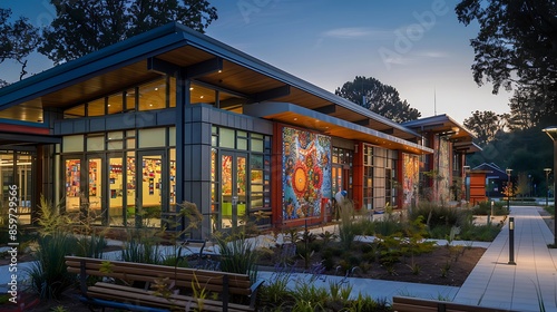 community arts center featuring a mosaic of recycled fiber cement siding pieces, highlighting community involvement and sustainable building practices