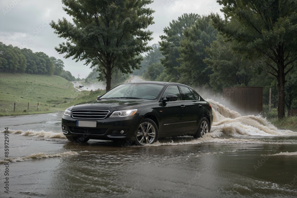 Flash flood sweeping away a car on a rural road