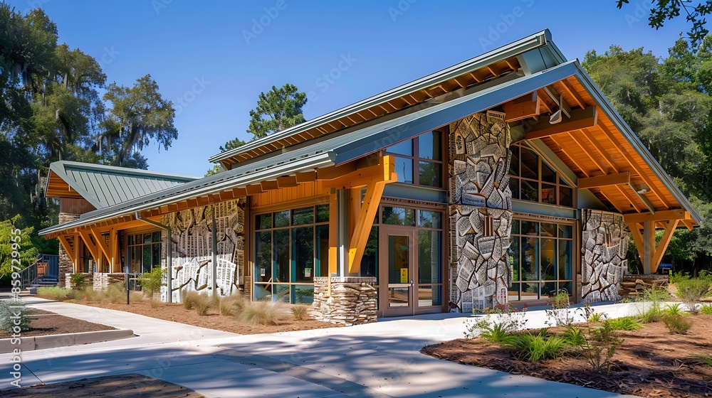 community center featuring a roof made from sustainable green roofing materials, walls insulated with recycled newspaper, and energy-efficient windows community center featuring a roof made from sustainable green roofing materials, walls insulated with recycled newspaper, and energy-efficient windows