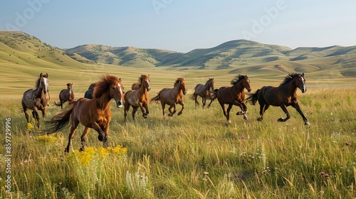 A majestic herd of horses gallops across a verdant field with rolling hills in the background, conveying a sense of freedom © Oskar