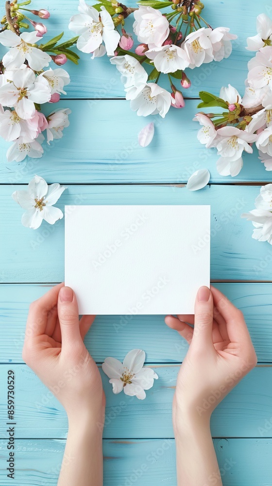 Hands holding blank paper card on light blue wooden desk with flowers. Tender greeting card for womens or mothers day, easter, spring holidays Hands holding blank paper card on light blue wooden desk with flowers. Tender greeting card for womens or mothers day, easter, spring holidays