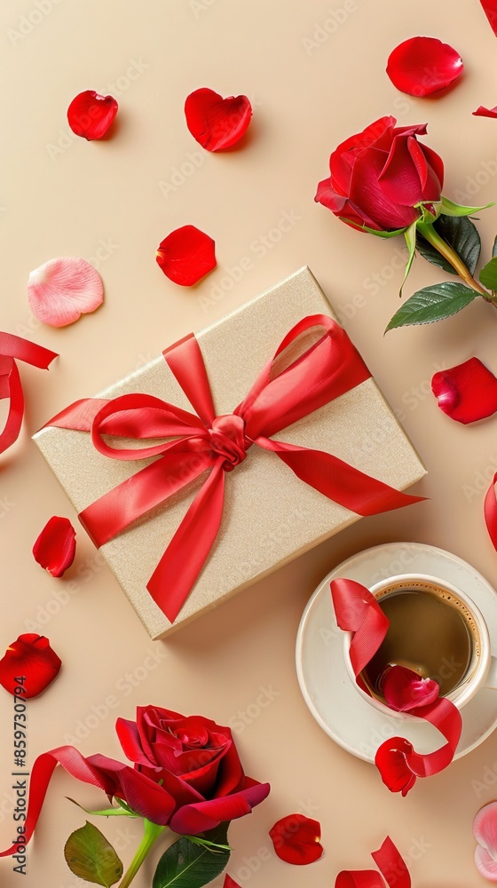 Happy Valentine's Day banner. Gift box with red ribbon, cup of coffee, rose flowers on pastel beige background. Flat lay, top view, copy space. Valentines Day, love, romance concept Happy Valentine's Day banner. Gift box with red ribbon, cup of coffee, rose flowers on pastel beige background. Flat lay, top view, copy space. Valentines Day, love, romance concept