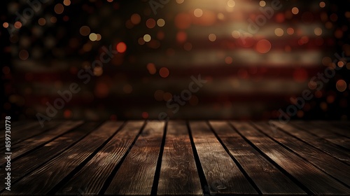 a close up of a rustic empty wooden table with USA flag on black bokeh background