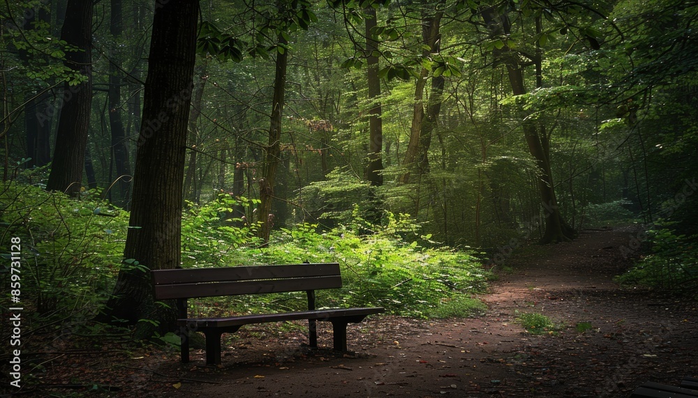 High-definition image of a secluded bench nestled a lush forest, ideal for serene contemplation High-definition image of a secluded bench nestled a lush forest, ideal for serene contemplation