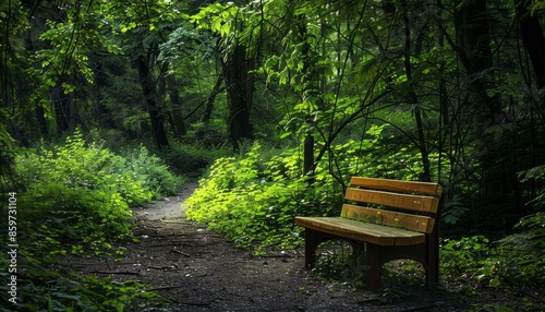 High-definition image of a secluded bench nestled a lush forest, ideal for serene contemplation