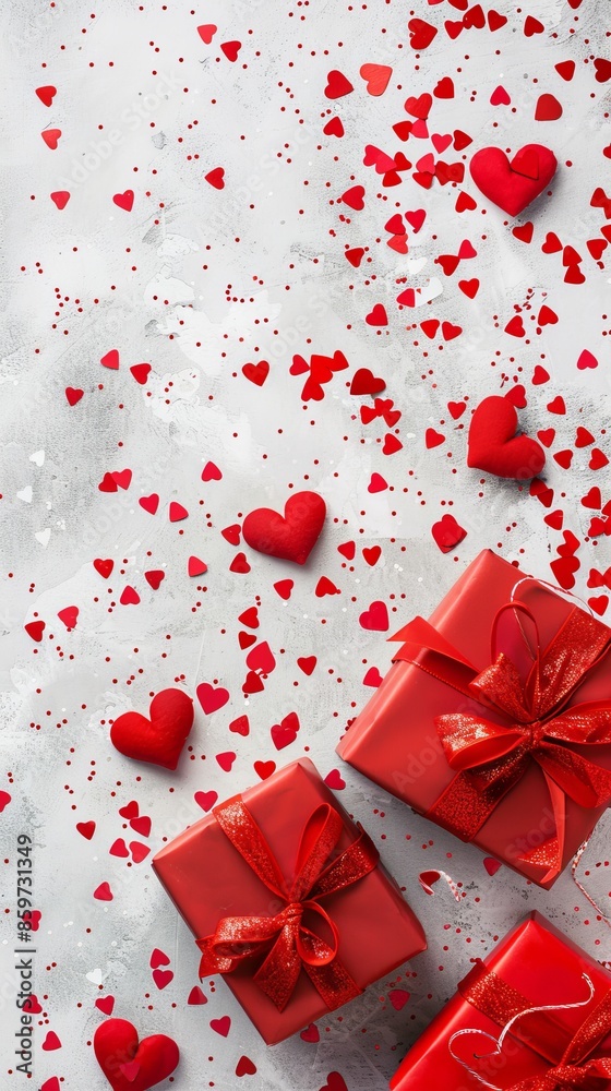 Happy Valentine's Day card with red gifts boxes and heart shaped confetti. Flat lay, top view, overhead. Valentines Day, love, romance concept Happy Valentine's Day card with red gifts boxes and heart shaped confetti. Flat lay, top view, overhead. Valentines Day, love, romance concept
