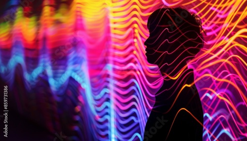 Vibrant abstract waves enveloping a person, illustrating the synesthetic sensation of sound photo