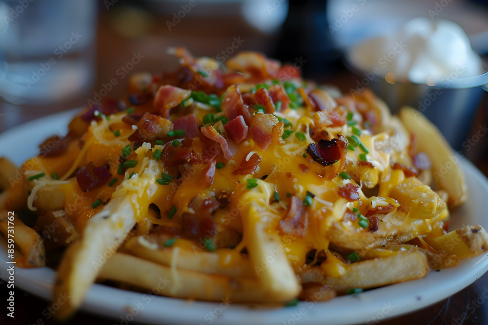 Fototapeta premium A plate of loaded fries with cheese and bacon