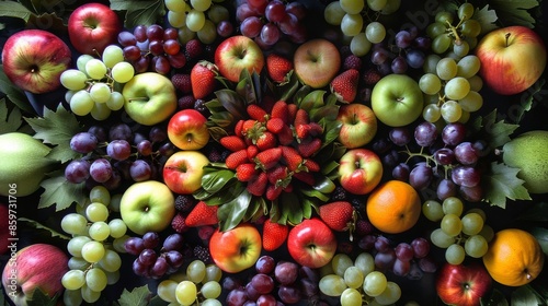 A vibrant assortment of colorful fresh fruits, including apples, grapes, strawberries, and oranges, meticulously arranged in a beautiful, eye-catching pattern on display.