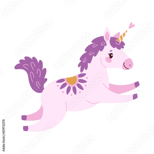 Cute lavender magical unicorn. Romantic magical pony Hand drawn flat style isolated for Greeting card, poster, print, t-shirt, party concept, kids books, wallpapers. Vector illustration