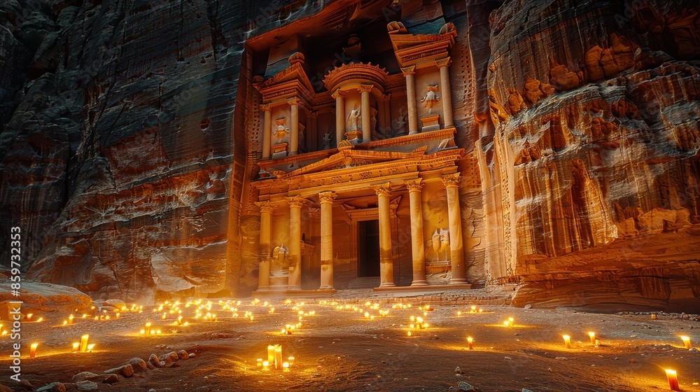 Mystical Nighttime View of Petra, Jordan: Candlelit Rock-Cut Architecture and Long Shadows