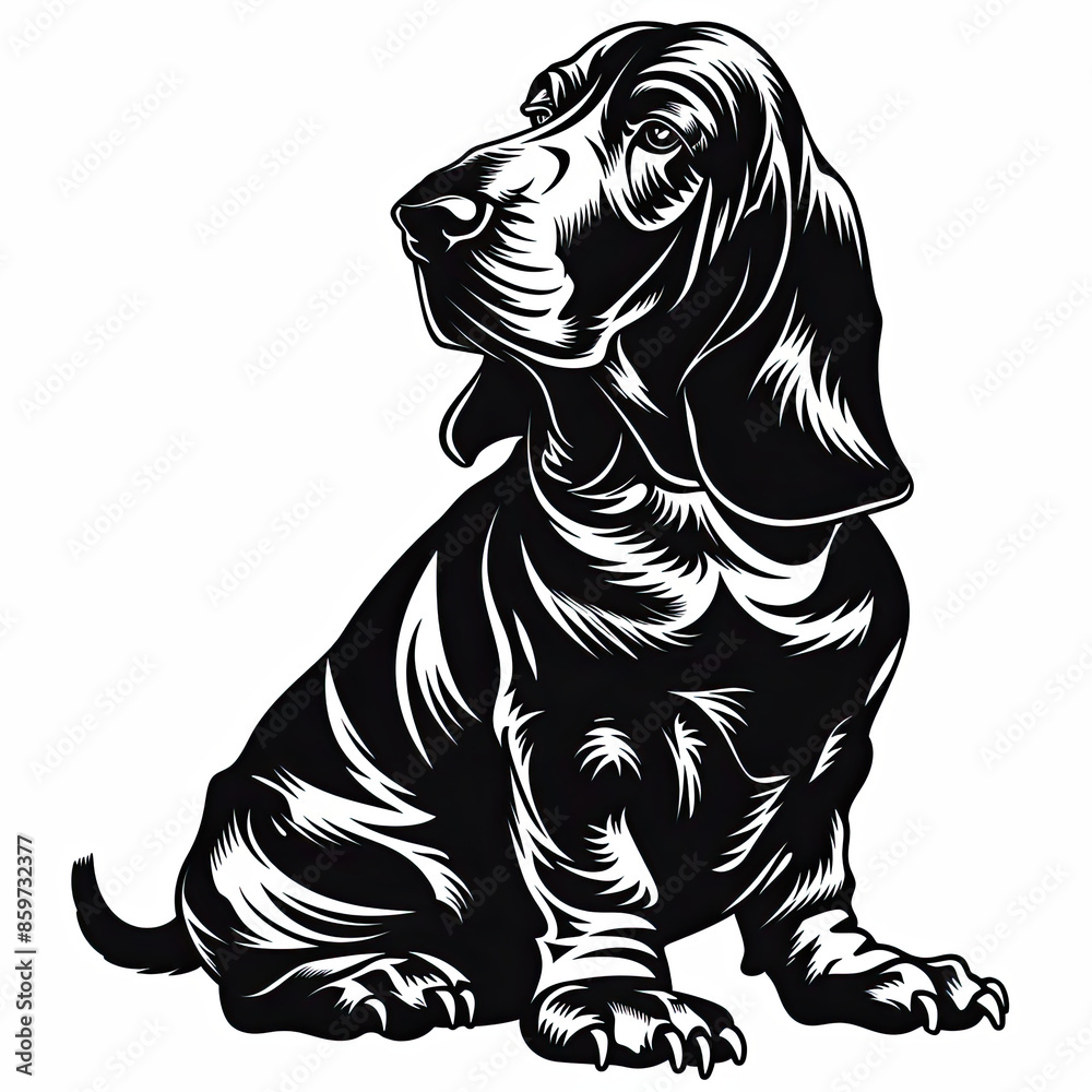 A black and white drawing of a Basset Hound dog A black and white drawing of a Basset Hound dog