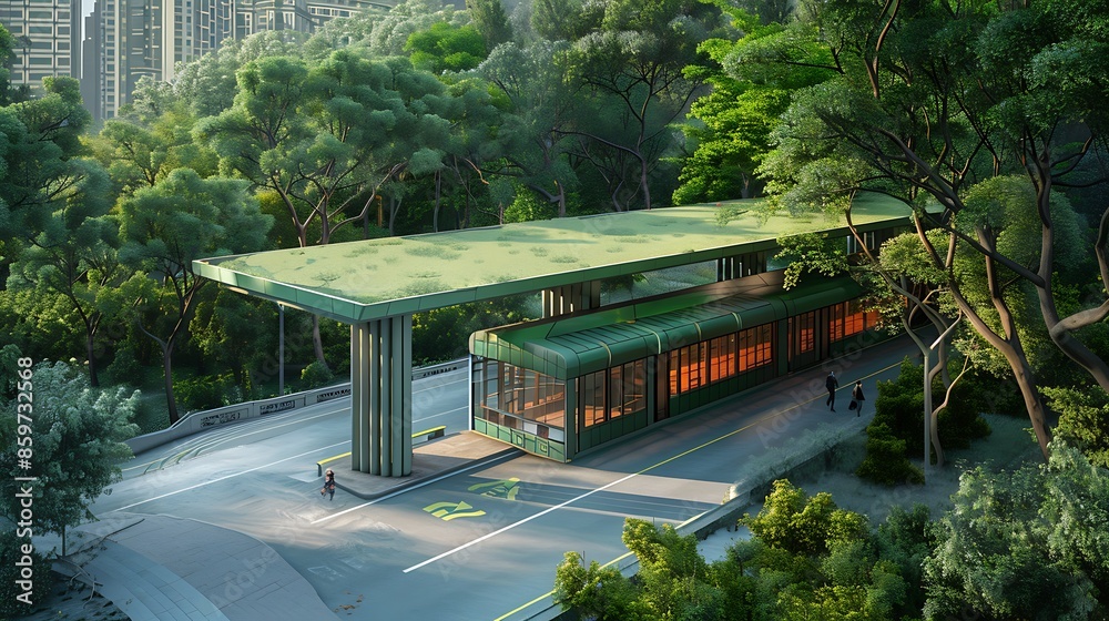 concept of an eco-friendly bus station with a roof and walls made of green-colored fiber cement siding, nestled in a city park concept of an eco-friendly bus station with a roof and walls made of green-colored fiber cement siding, nestled in a city park