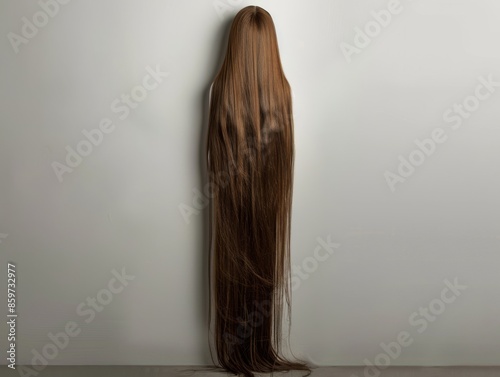 Medium shot of Realistic photograph of an extremely long hair wig, solid white background, view from the back © Садыг Сеид-заде