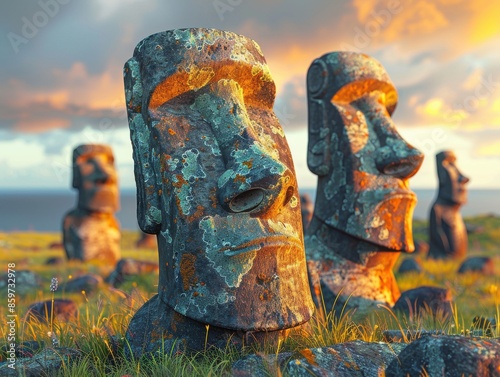 Majestic Moai Statues Gazing at Sunset - Photorealistic Image of Weathered Stone Monoliths with Long Shadows on Easter Island photo