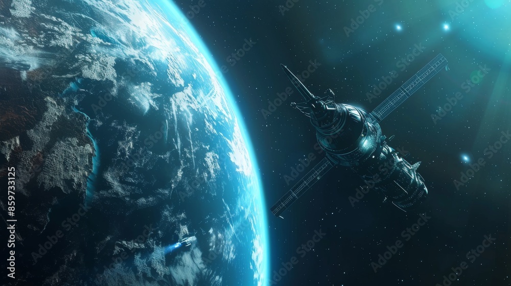 An advanced space station in orbit around Earth with a detailed view of ...