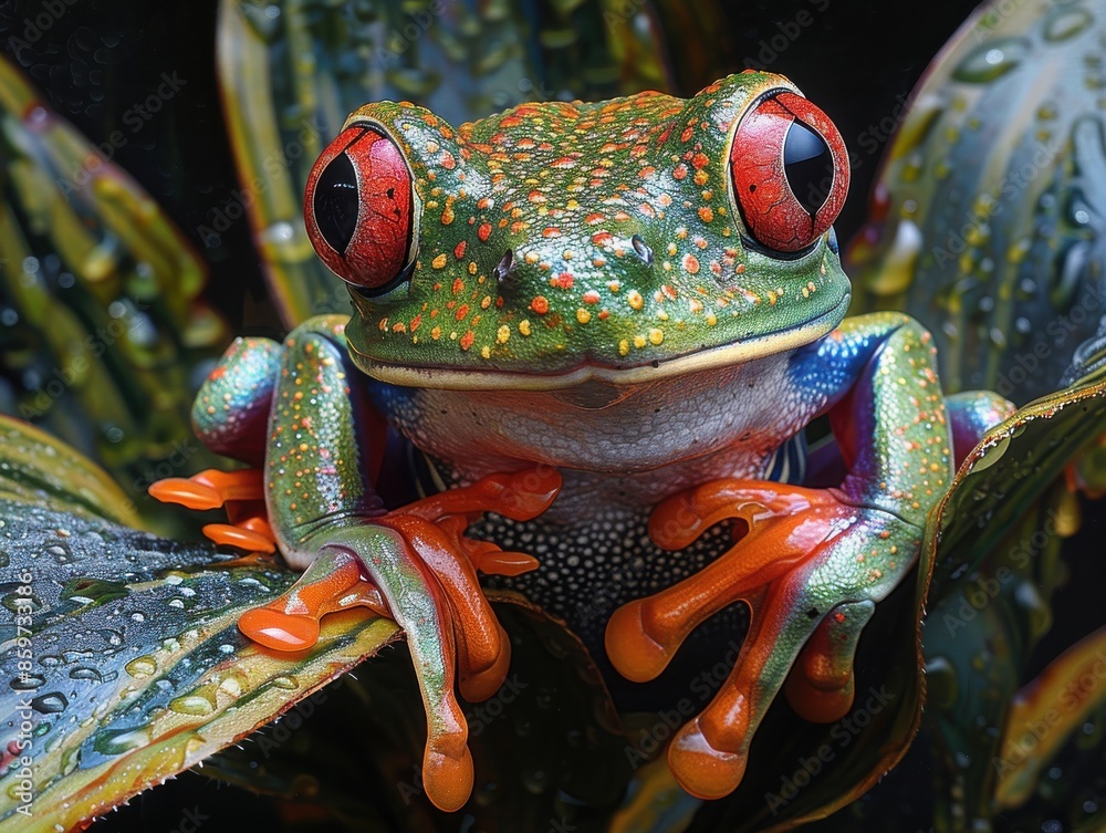 Vivid Close-Up of Red-Eyed Tree Frog on Lush Tropical Leaf showcasing Texture and Color Detail Vivid Close-Up of Red-Eyed Tree Frog on Lush Tropical Leaf showcasing Texture and Color Detail