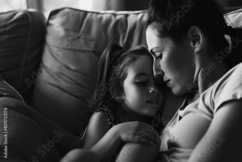 Crystal-clear image capturing a tender moment between a young mother and her preschooler daughter