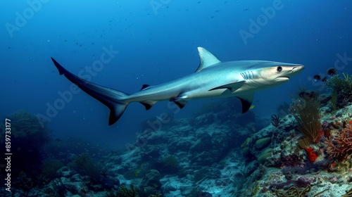 A solitary blue shark glides gracefully through the underwater world, surrounded by marine life and coral reefs
