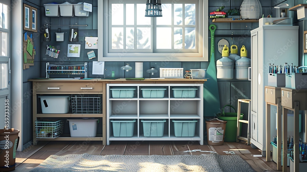 craft room with storage units made from recycled plastic, a worktable crafted from an upcycled door, and bins for sorting materials for recycling craft room with storage units made from recycled plastic, a worktable crafted from an upcycled door, and bins for sorting materials for recycling